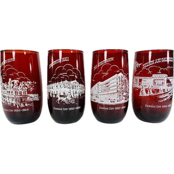 Kansas City Centennial 1850-1950 Ruby Red Glasses 4 Different Historical Bldgs - Picture 1 of 11